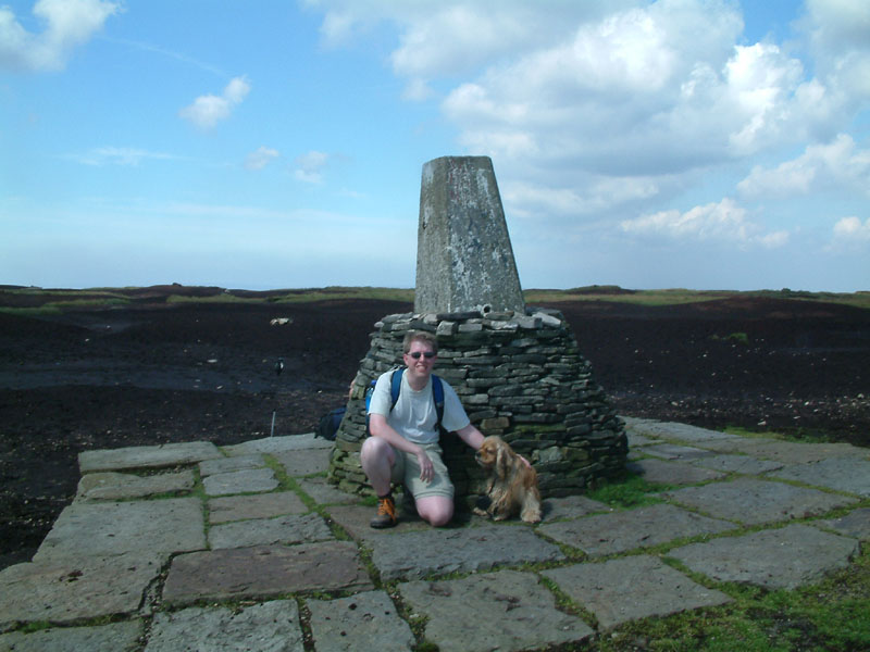 Stephen and George at the trig on Black Hill, Peak District