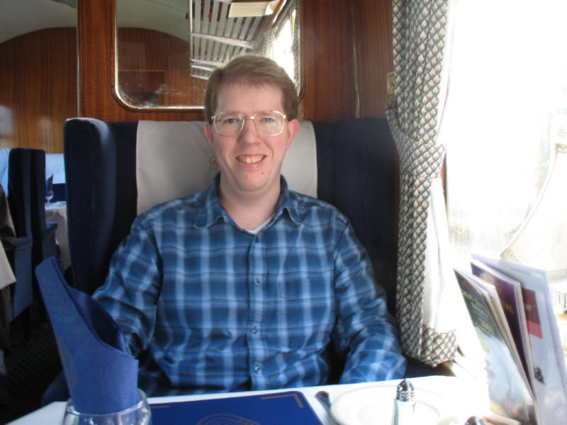 Stephen in the first class dining carriage of the Great Central Railway