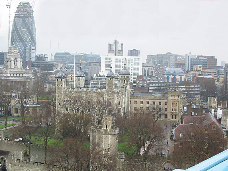 Swiss Reinsurance Tower and Tower of London from Tower Bridge