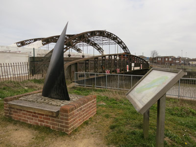 A sculpture in front of Vauxhall Bridge at Great Yarmouth marks Three Ways Meeting Point, at the end of the Angles Way